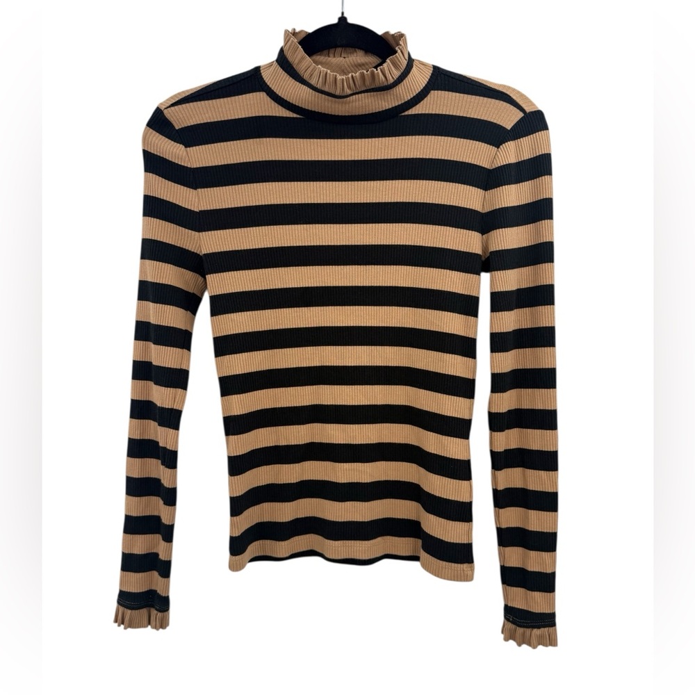 J.Crew Montauk Stripe Ribbed Mockneck XS Sand Black Breton Ruffle Trim - Picture 3 of 16